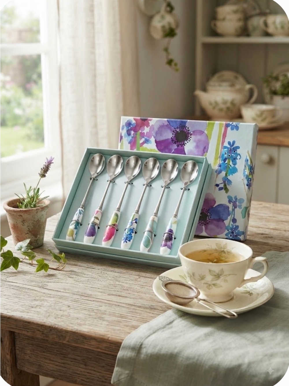 Portmeirion Floral Porcelain Handle Teaspoons - New in Box